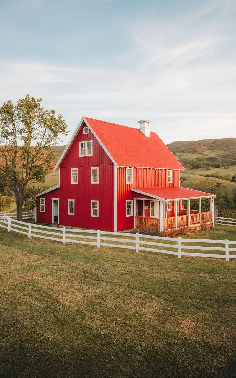 A classic red barn-style house surrounded by green hills and a white fence.