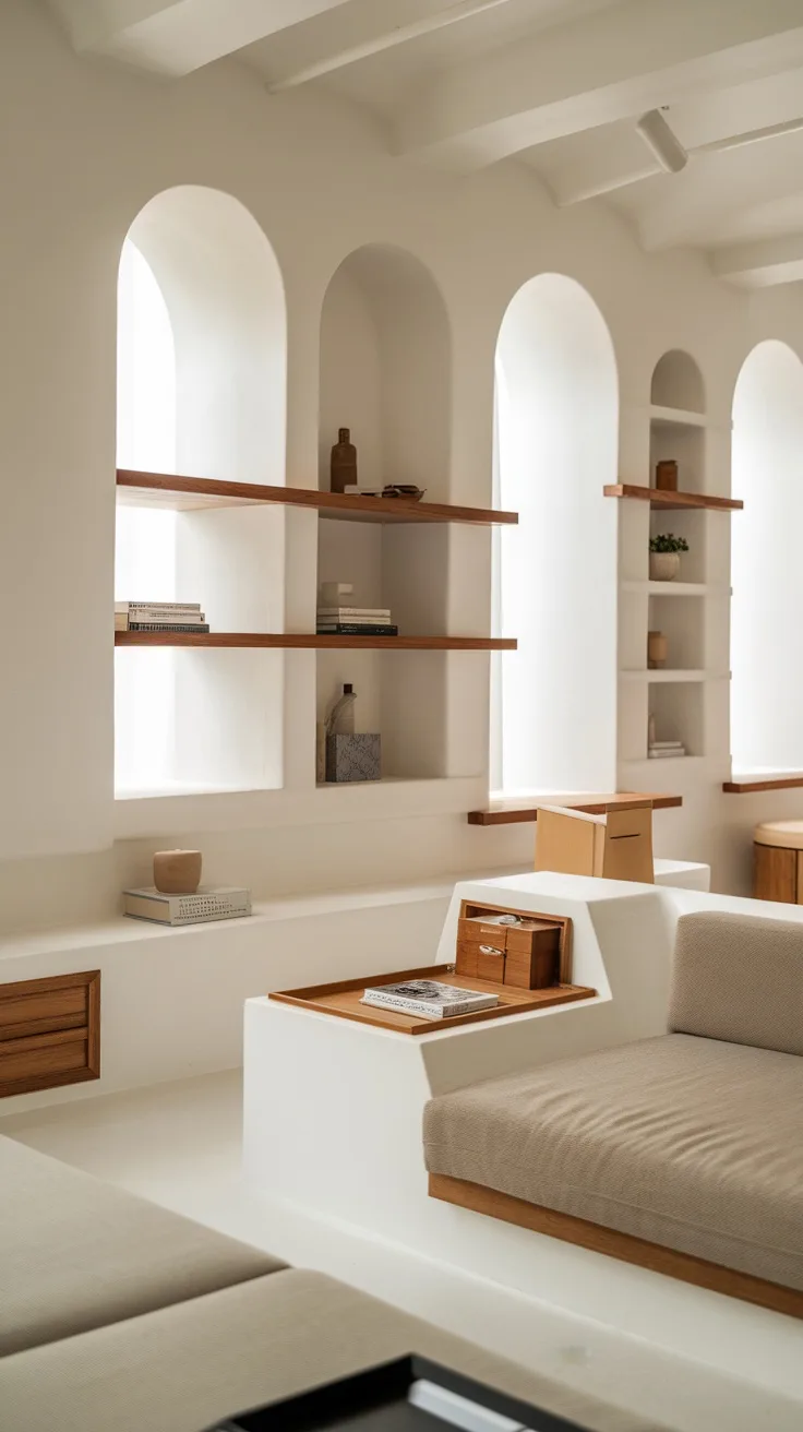 A minimalist living room with built-in shelves and clever storage solutions