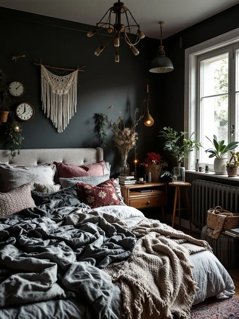 A cozy dark boho bedroom featuring a layered bed with various pillows and blankets, a wooden bedside table, wall decorations, and plants.