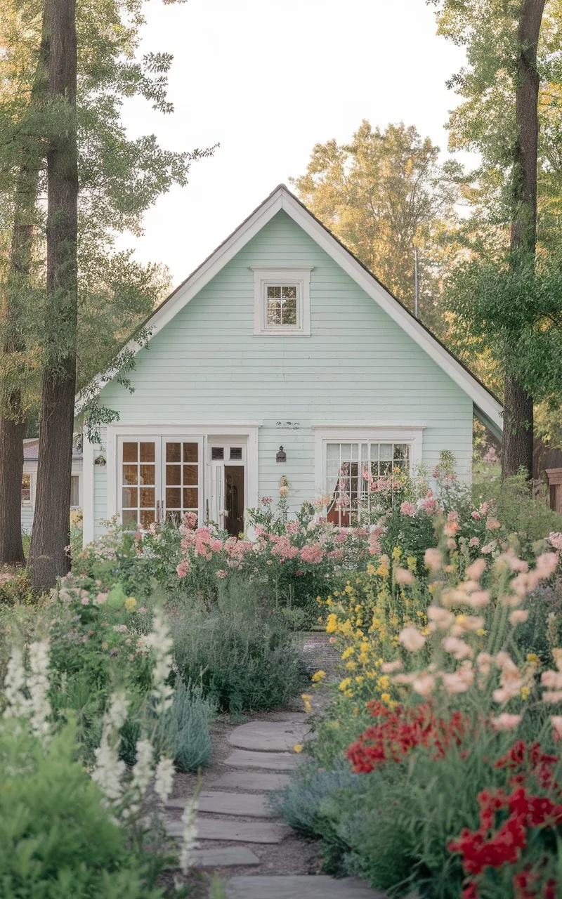 A mint-colored house surrounded by colorful flowers and greenery.