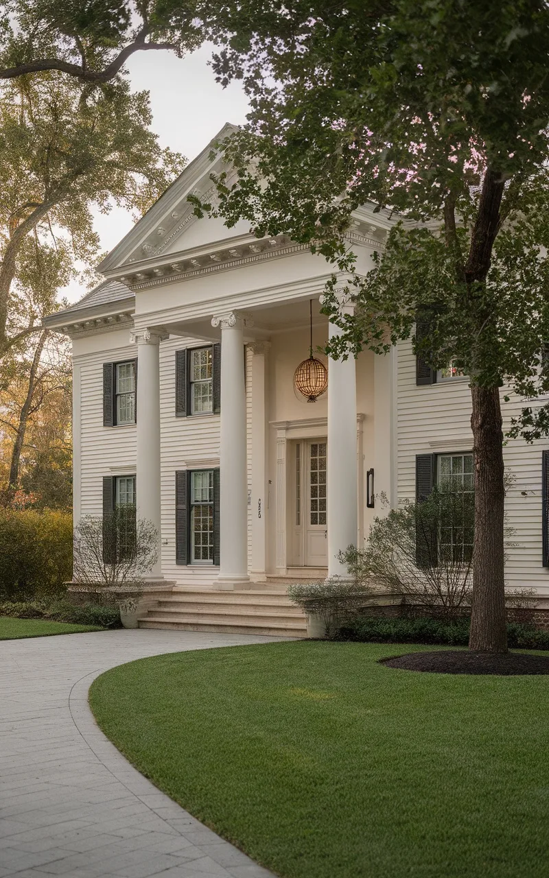 A beautiful home with creamy off-white exterior and black shutters, surrounded by lush greenery.