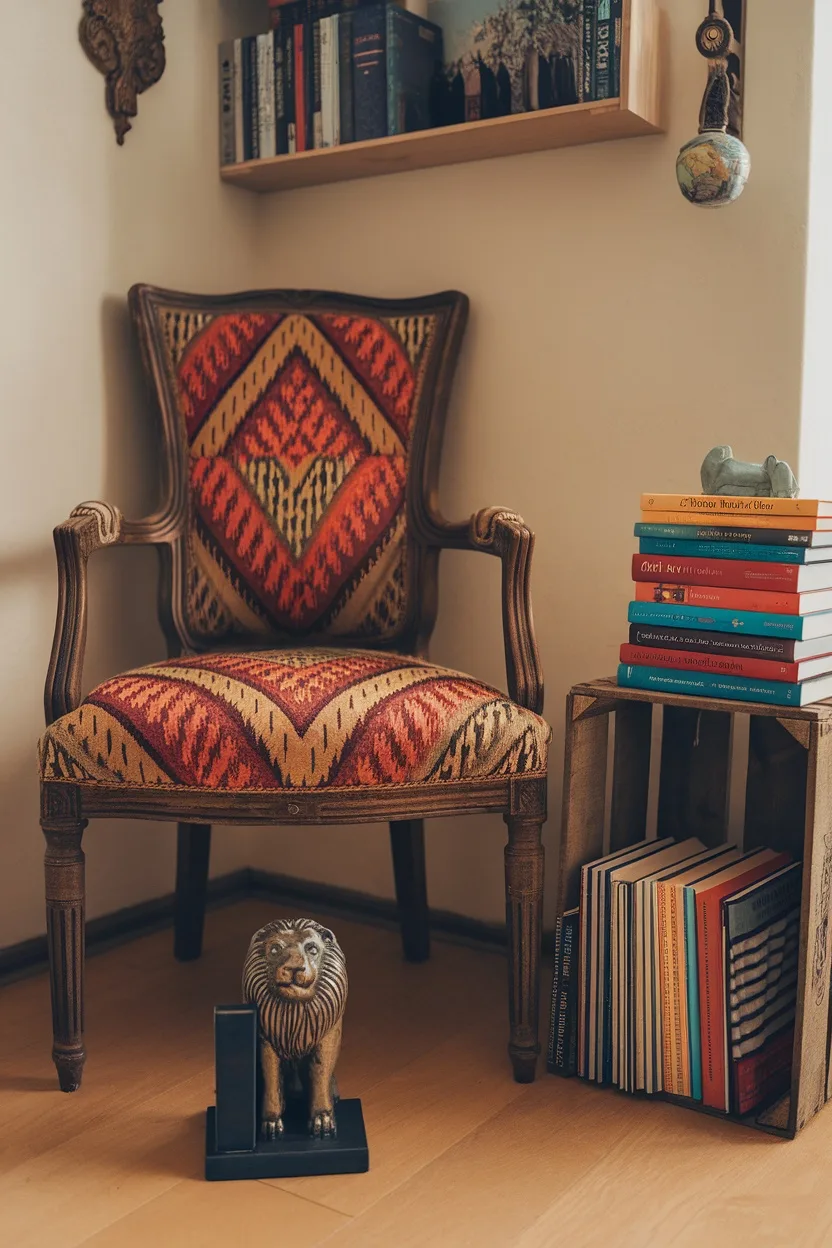 A cozy reading nook featuring a patterned chair, a lion bookend, and stacked books.