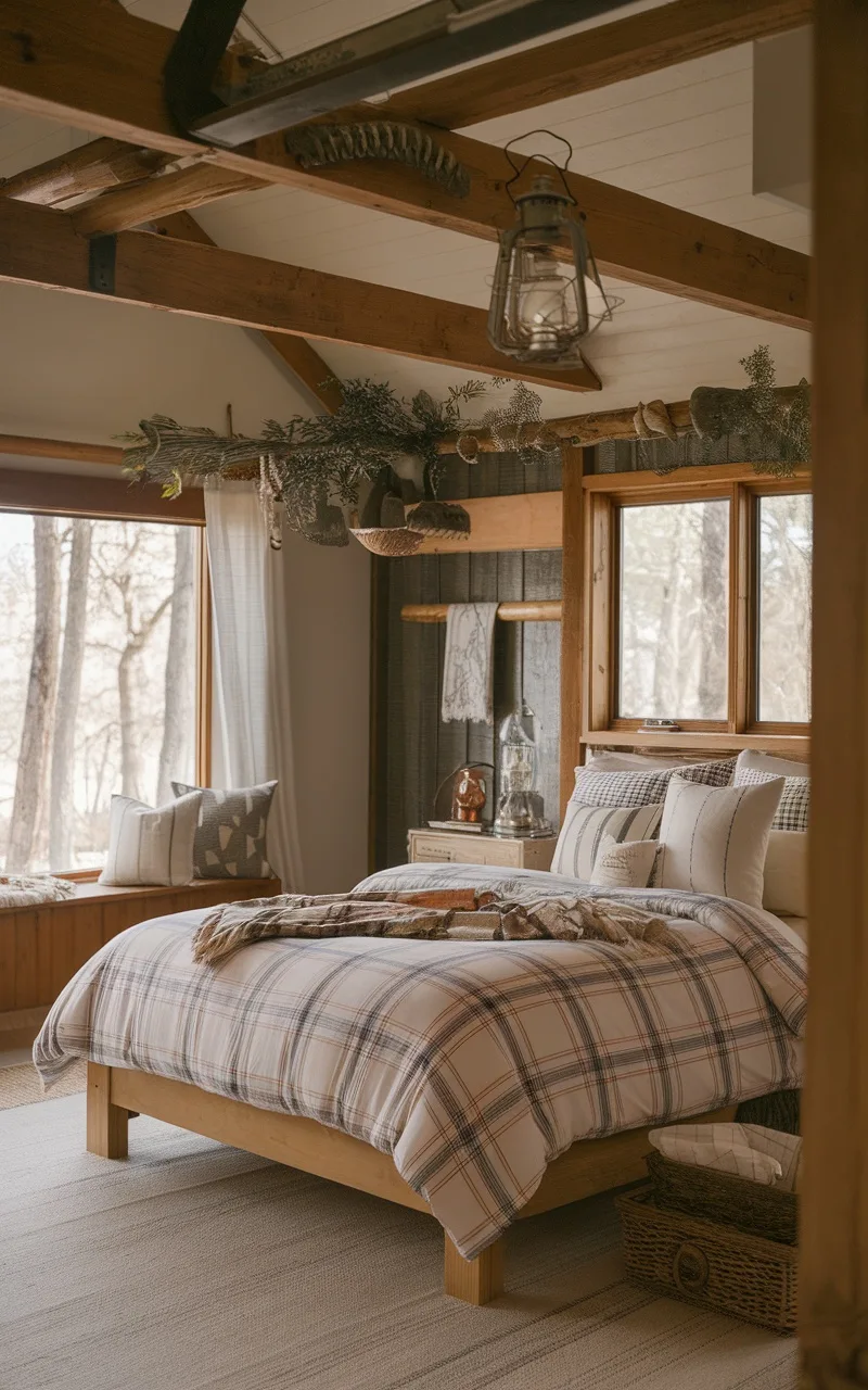 A cozy rustic farmhouse bedroom styled in a camp theme with plaid bedding, wooden beams, and natural decor.