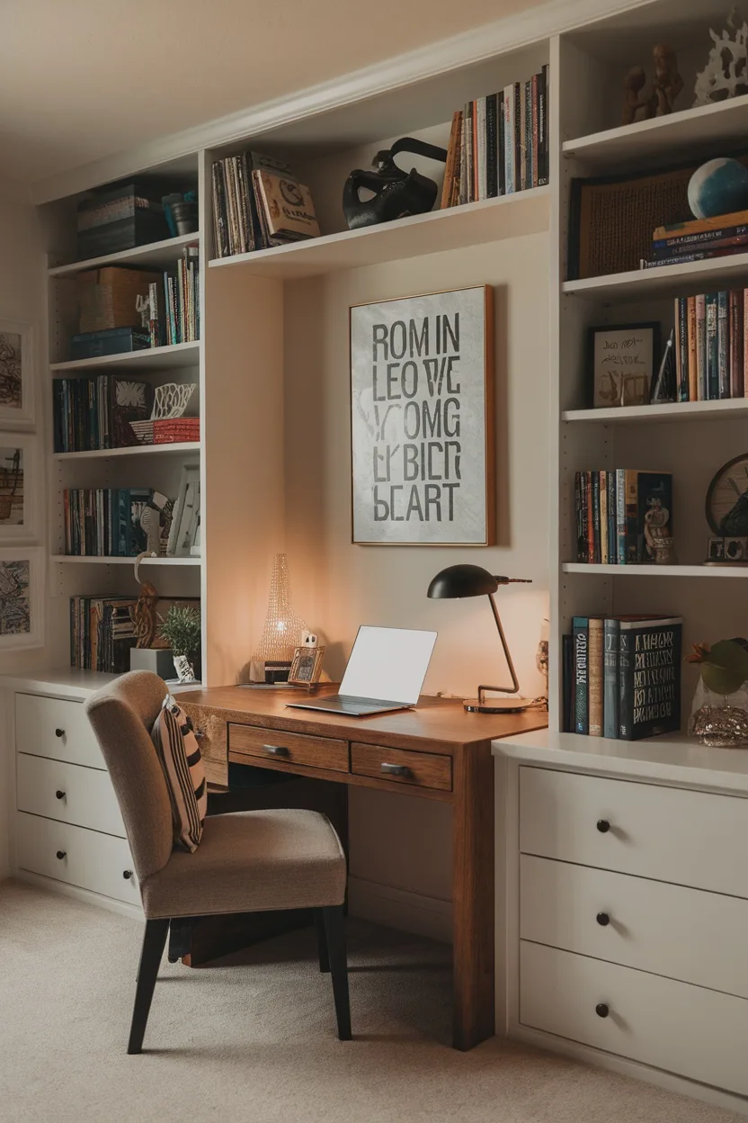 A cozy study nook with a wooden desk, comfortable chair, and shelves filled with books and decorative items.