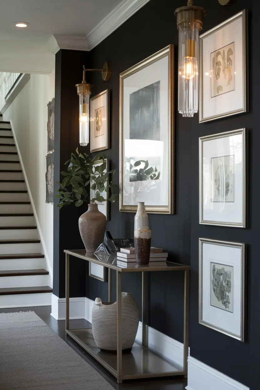 Dark accent wall in a stylish entryway with framed artworks, plants, and elegant lighting.