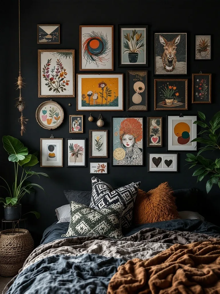A gallery wall featuring mixed media art in a dark boho bedroom with plants and cozy decor.