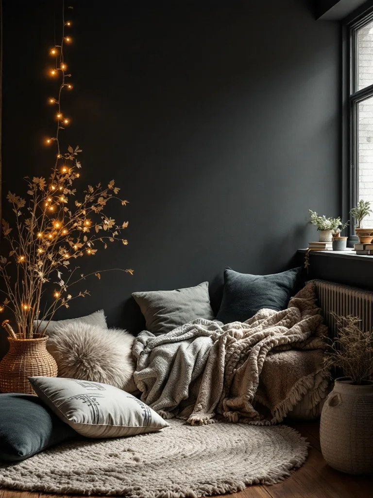 Cozy reading nook with floor cushions, warm lighting, and plants in a dark boho bedroom.