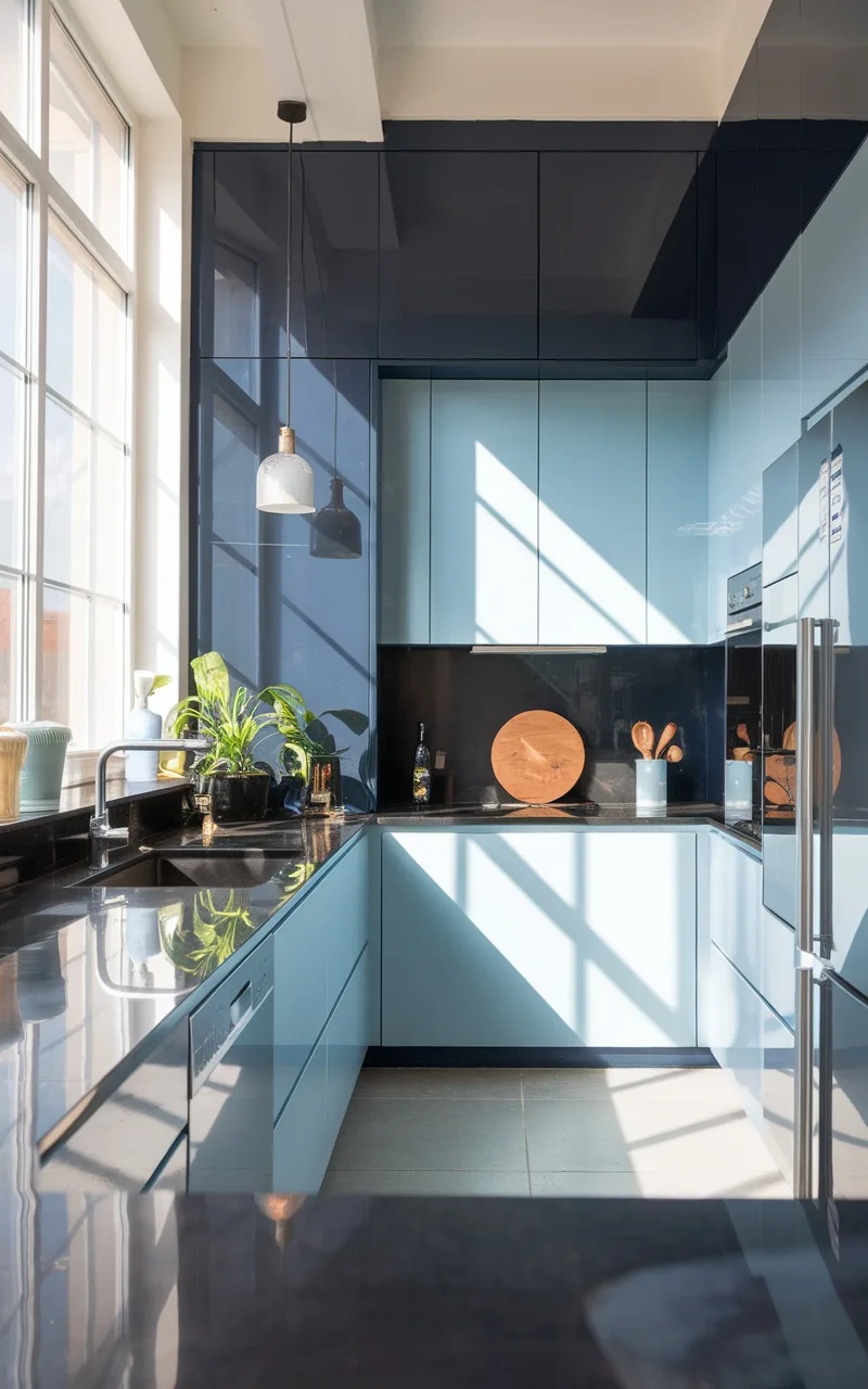 Modern kitchen with dark and light blue cabinets, black countertops, and natural light.