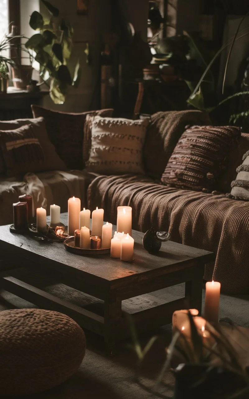 A cozy dark boho living room with candles on a coffee table, creating a warm and inviting atmosphere.