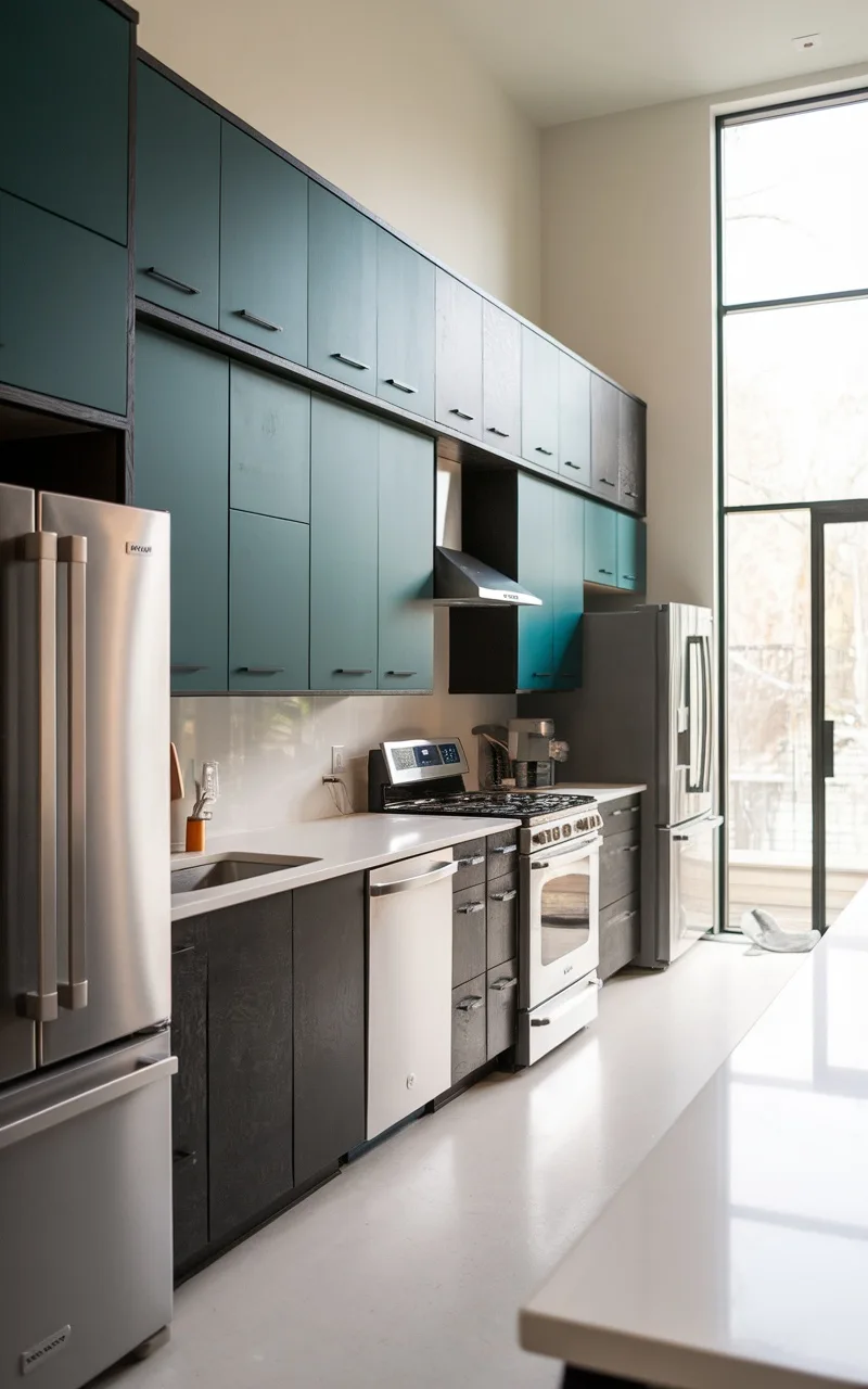 A modern kitchen featuring dark teal upper cabinets and industrial black lower cabinets, with stainless steel appliances.