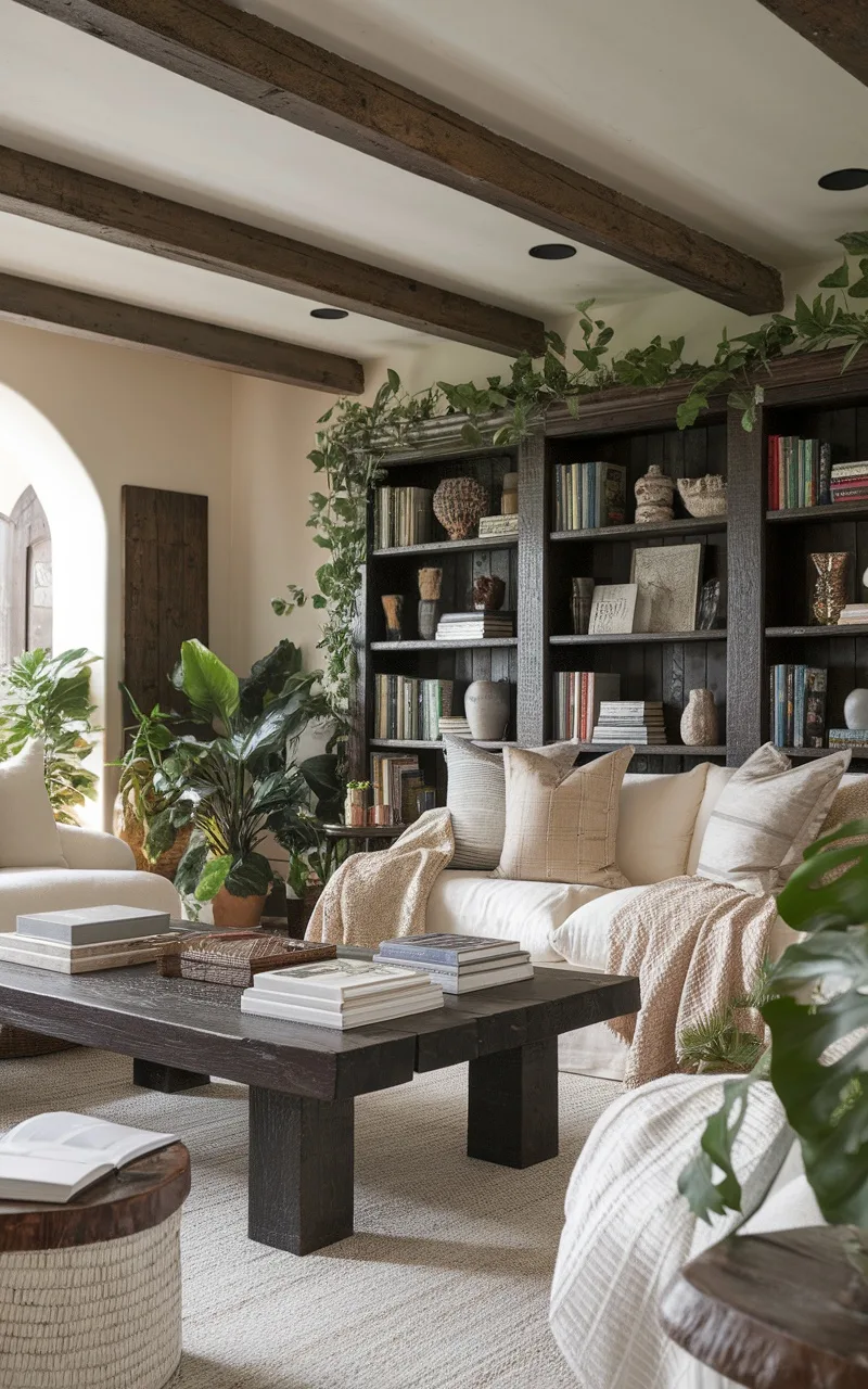 A cozy living room with dark wood accents, featuring a wooden coffee table, dark shelves filled with books, and light-colored furniture.