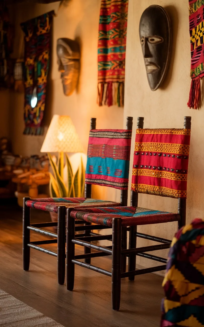 Dark wood chairs with colorful ethnic woven fabrics, set in a warm and inviting room