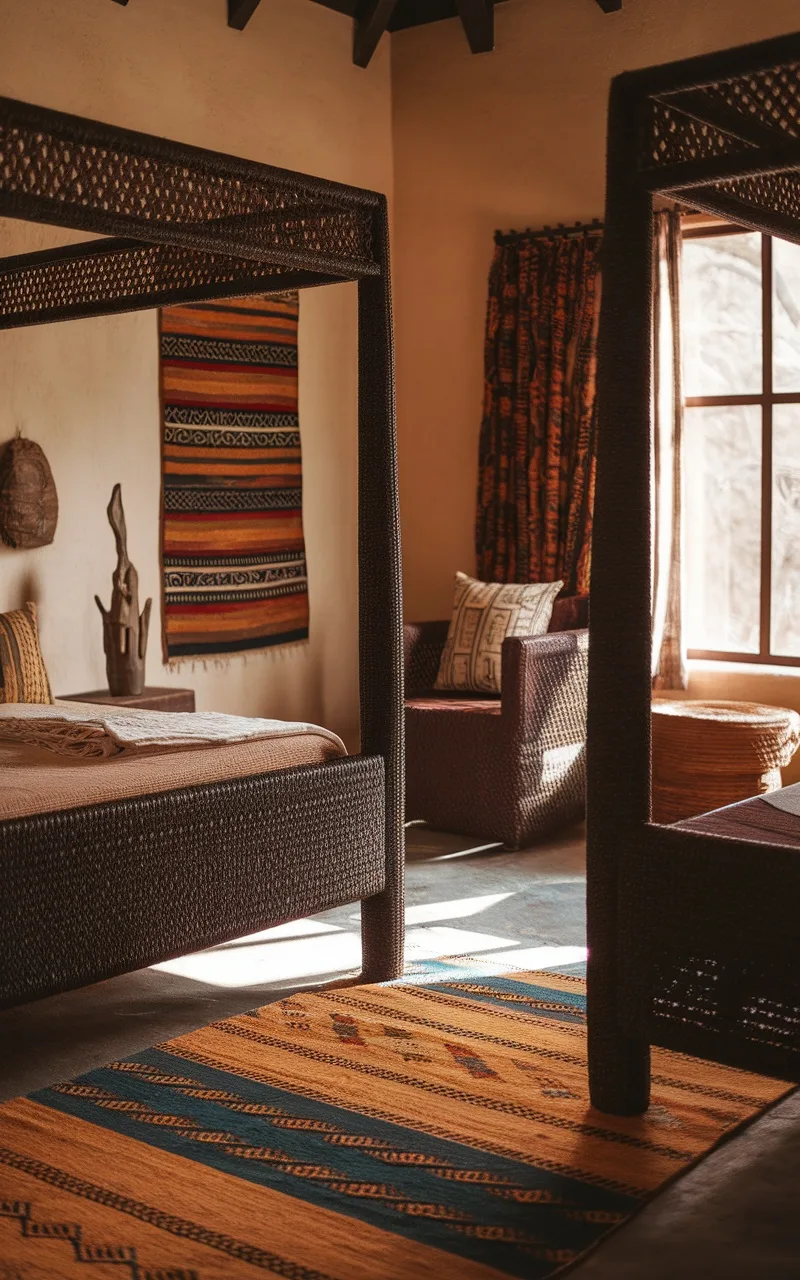 A cozy room featuring dark woven bed and furniture, with vibrant wall and floor patterns.