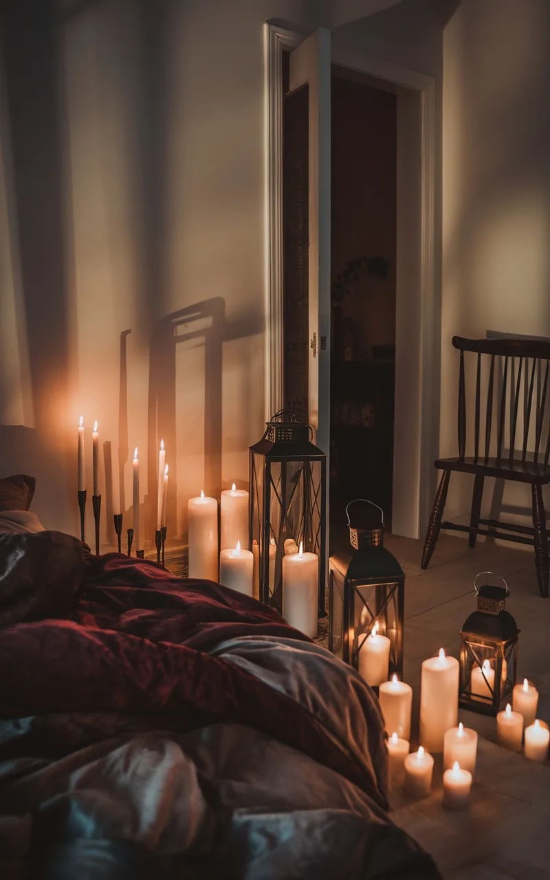 A cozy bedroom setting featuring various candles and lanterns creating a warm, inviting glow.