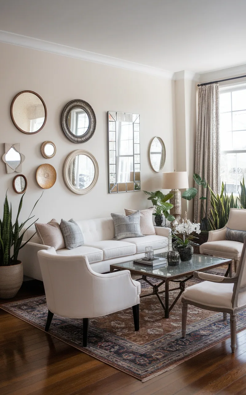 A stylish living room featuring a variety of decorative mirrors arranged on a wall, surrounded by plants and elegant furniture.