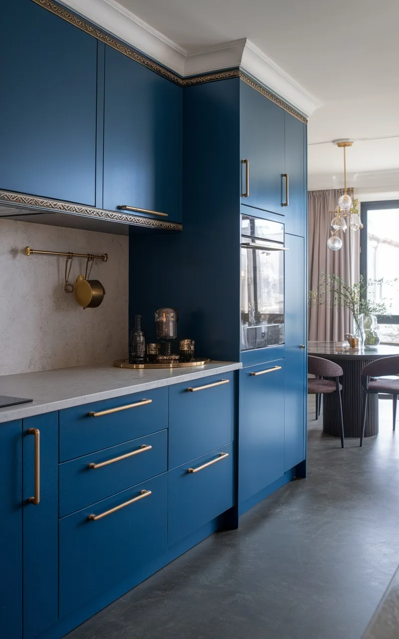 Kitchen with deep blue cabinets and gold accents