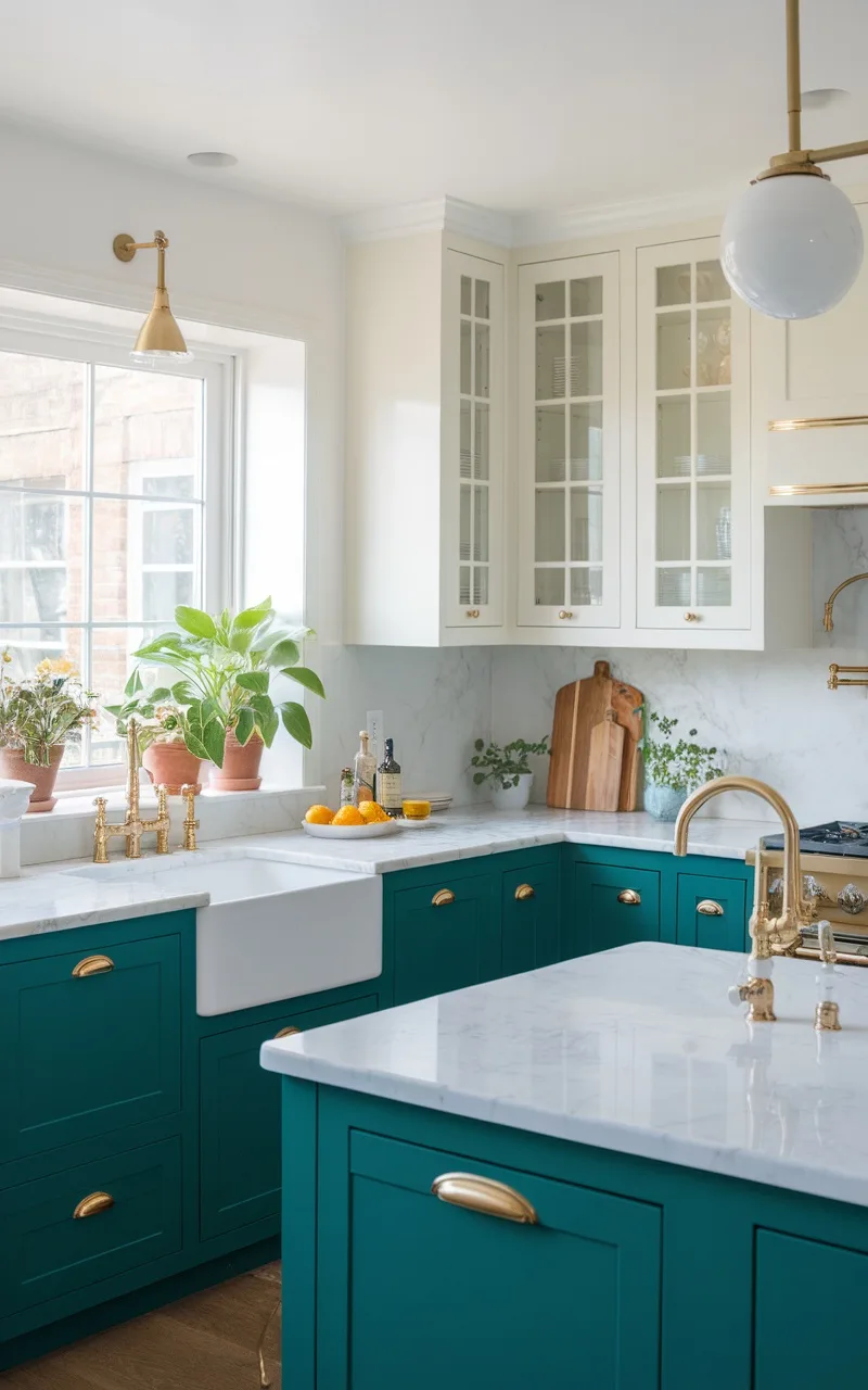 A kitchen featuring deep green cabinets and bright white elements, with gold fixtures and natural light.