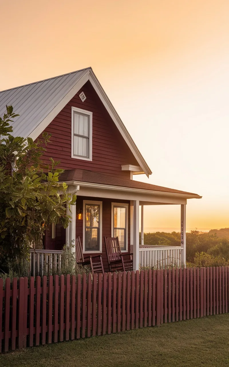 A charming home painted in deep wine color with a white porch and rocking chairs, surrounded by greenery.