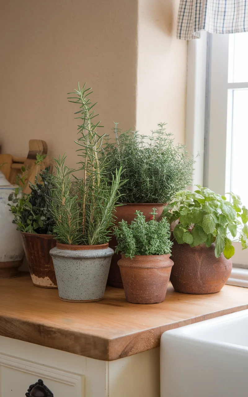 A kitchen countertop displaying various pots filled with fresh herbs, enhancing the rustic charm of the space.