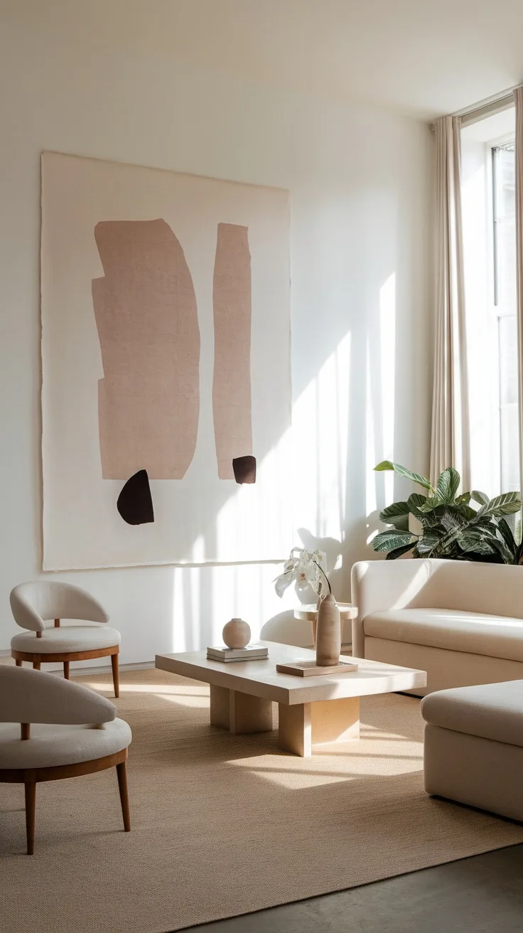 A minimalist living room with soft beige furniture and a large abstract art piece on the wall.