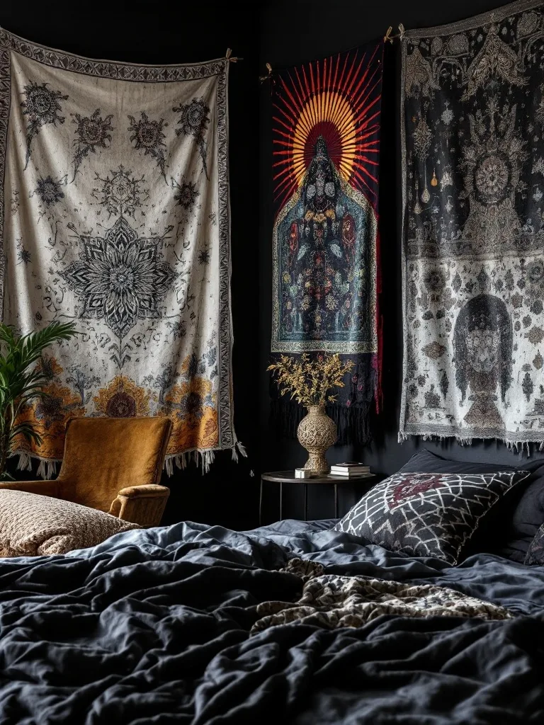 A dark bohemian bedroom with artistic textiles displayed on the walls, featuring intricate patterns and earthy tones.