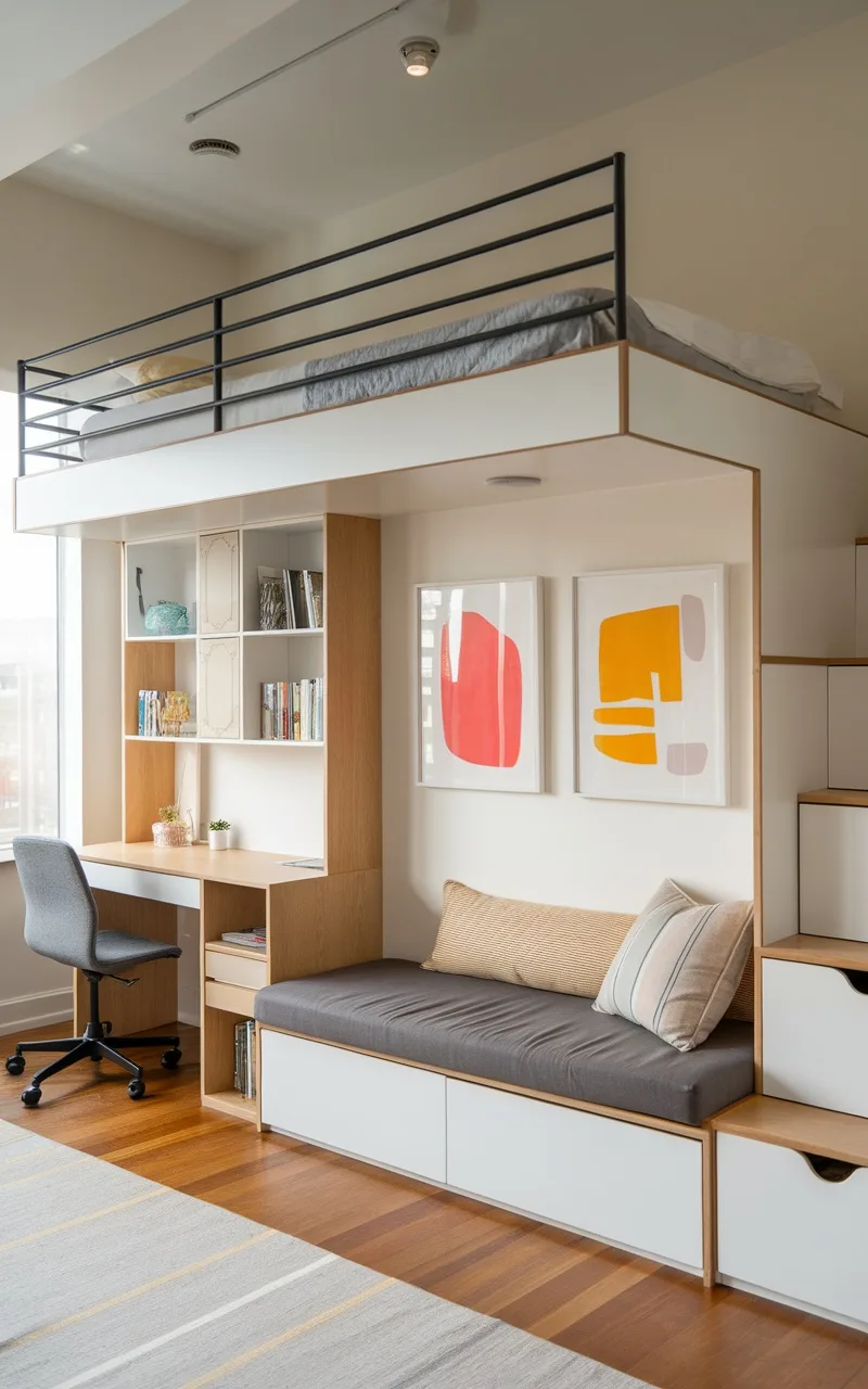 Modern double deck loft bed design with workspace underneath