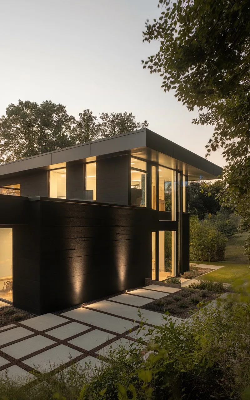 A modern home with a dramatic black exterior and large windows, surrounded by trees and a well-manicured lawn.