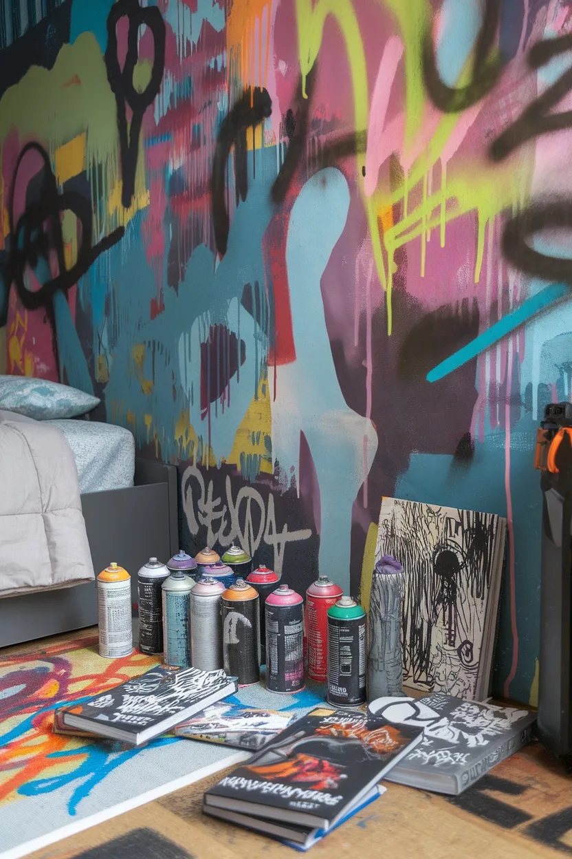 A bedroom with graffiti art on the wall featuring colorful spray paint designs, with spray cans and sketchbooks on the floor.