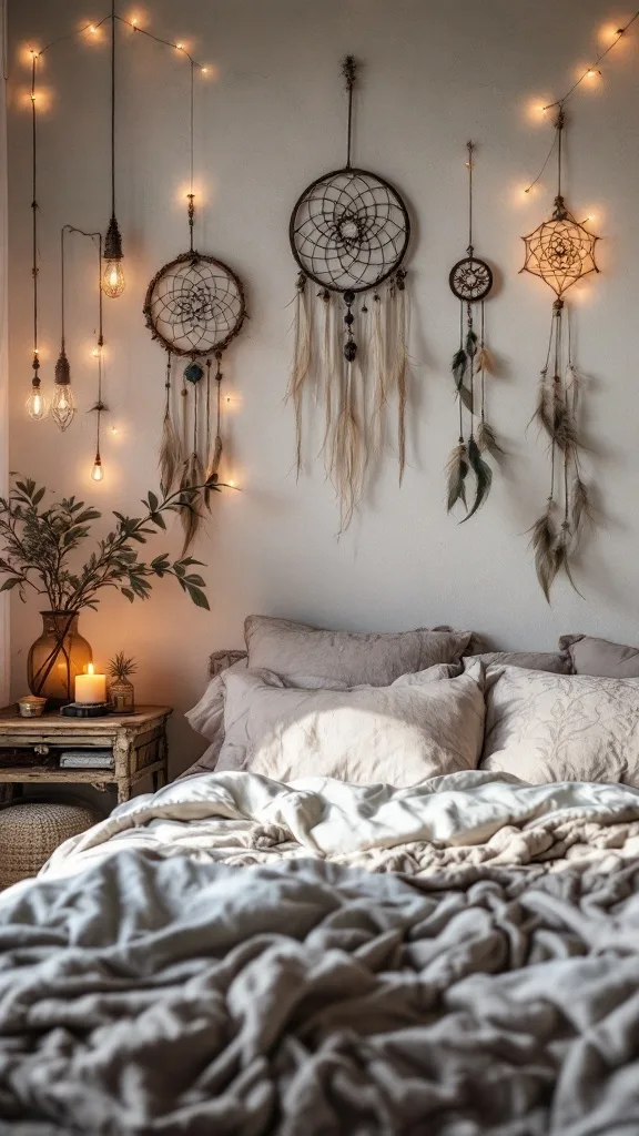 A cozy bedroom featuring dreamcatchers on the wall, soft bedding, warm lighting, and plants.