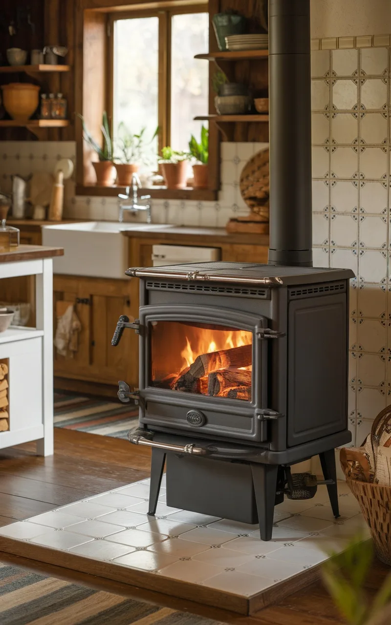 A cozy kitchen featuring a black dual-fuel wood burning stove with a warm fire burning inside.