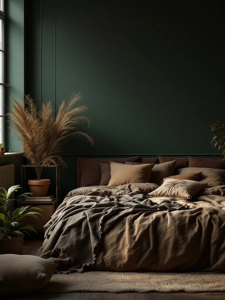 A cozy dark boho bedroom featuring earthy color palettes with dark green walls, brown bedding, and plants.