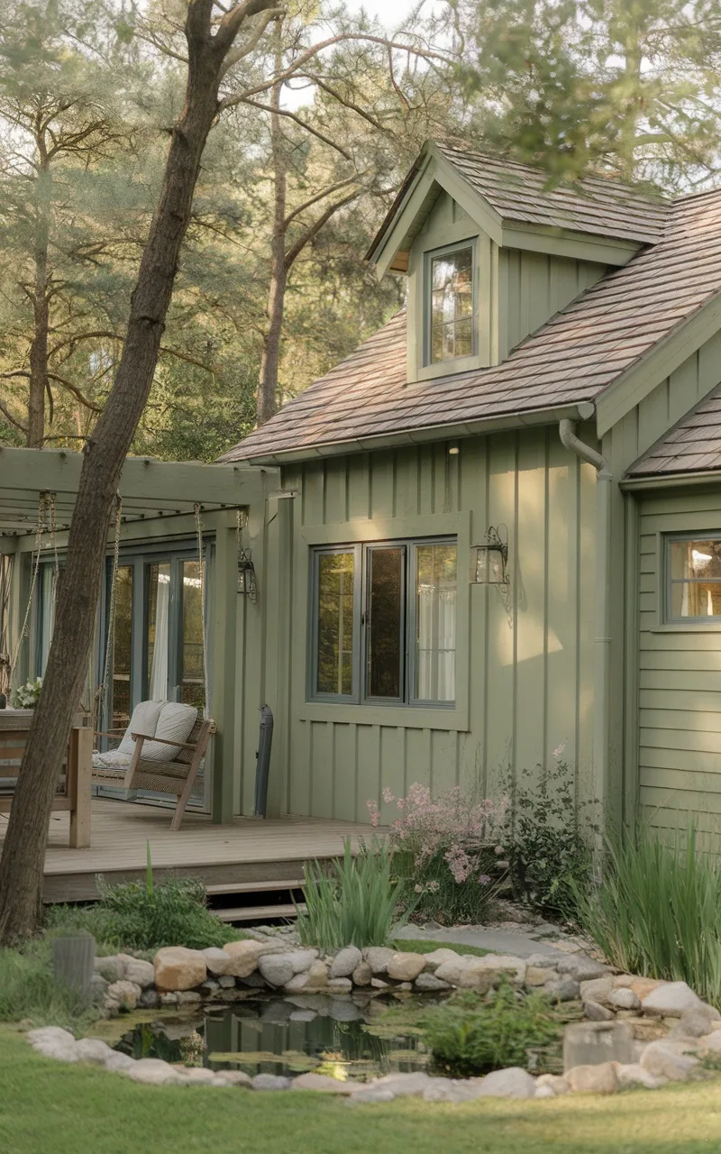 A cozy home exterior painted in earthy sage green, surrounded by trees and a serene garden.