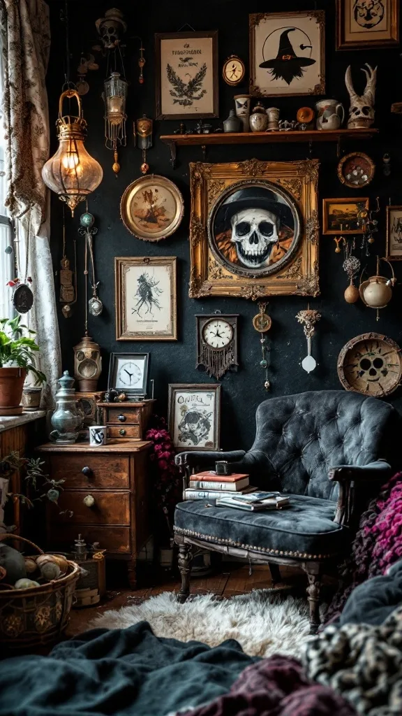 A witchy bedroom featuring black walls, eclectic accessories, vintage furniture, and decorative art.