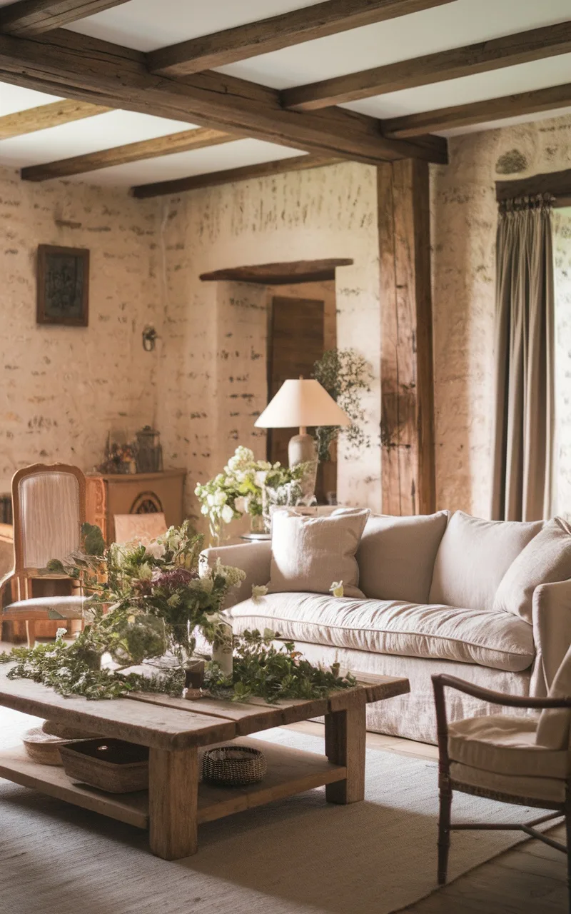 A cozy French country living room featuring wooden beams, a light sofa, and a natural centerpiece on a wooden coffee table.