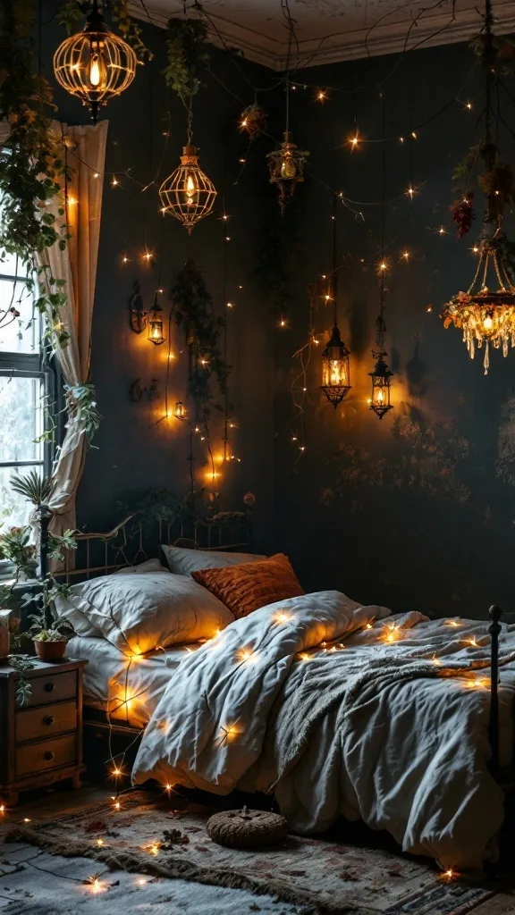 A cozy bedroom with various lighting fixtures, including string lights and lanterns, creating a warm and enchanting atmosphere.