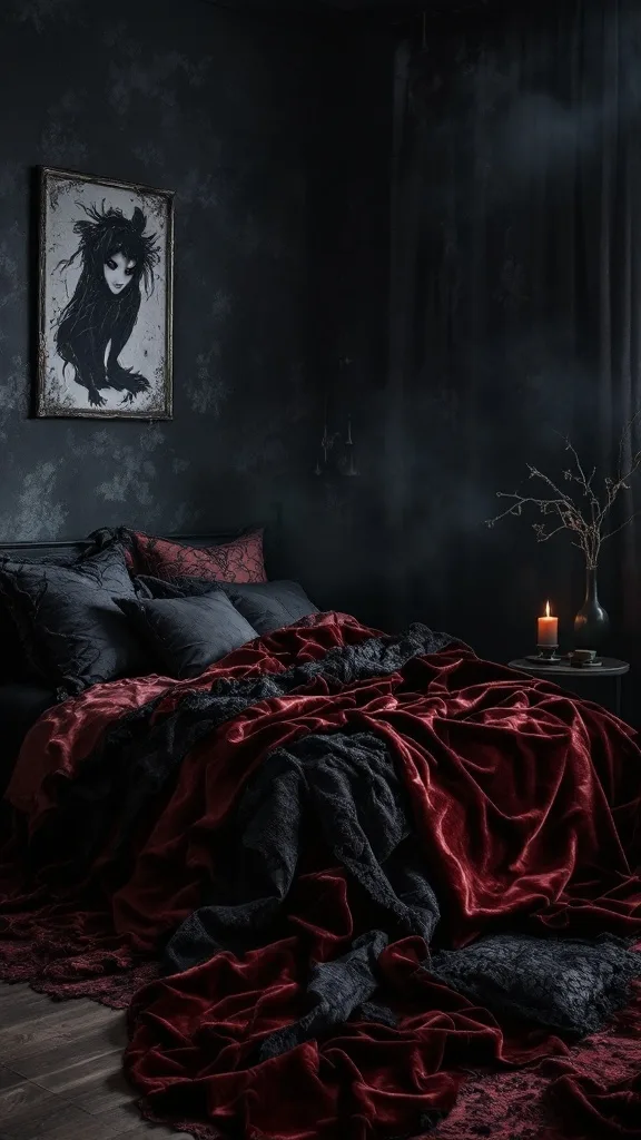 A witchy bedroom featuring dark textiles, layered blankets, and a candle on a side table.