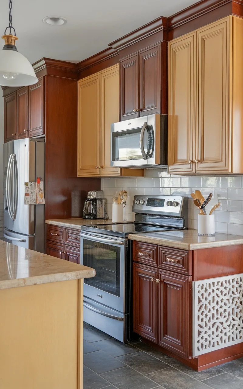 Kitchen with espresso and beige two-tone cabinets, stainless steel appliances, and light countertops.