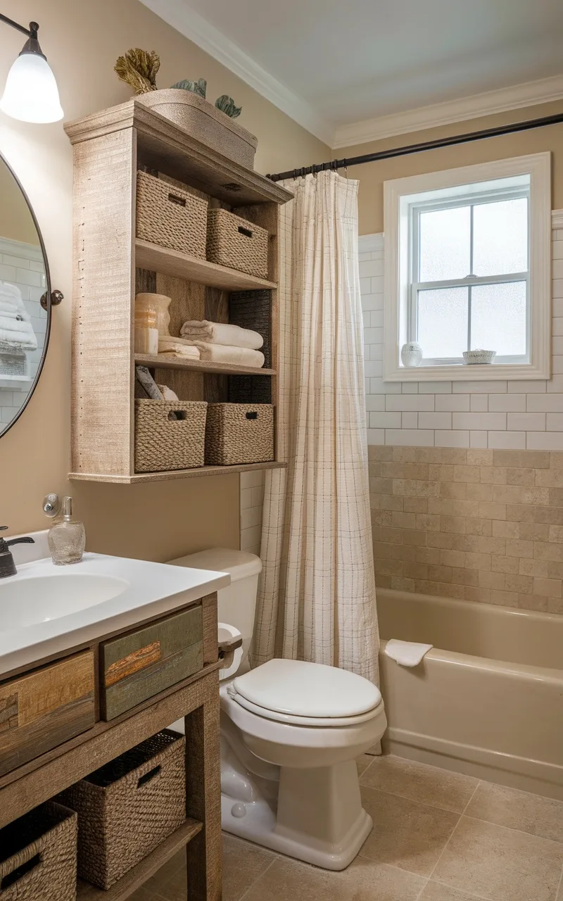 A farmhouse style storage cabinet above a toilet, with open shelves and woven baskets, in a cozy bathroom setting.