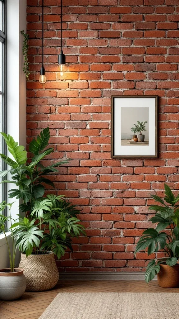 A cozy room featuring a faux brick wall adorned with plants and decorative frames.