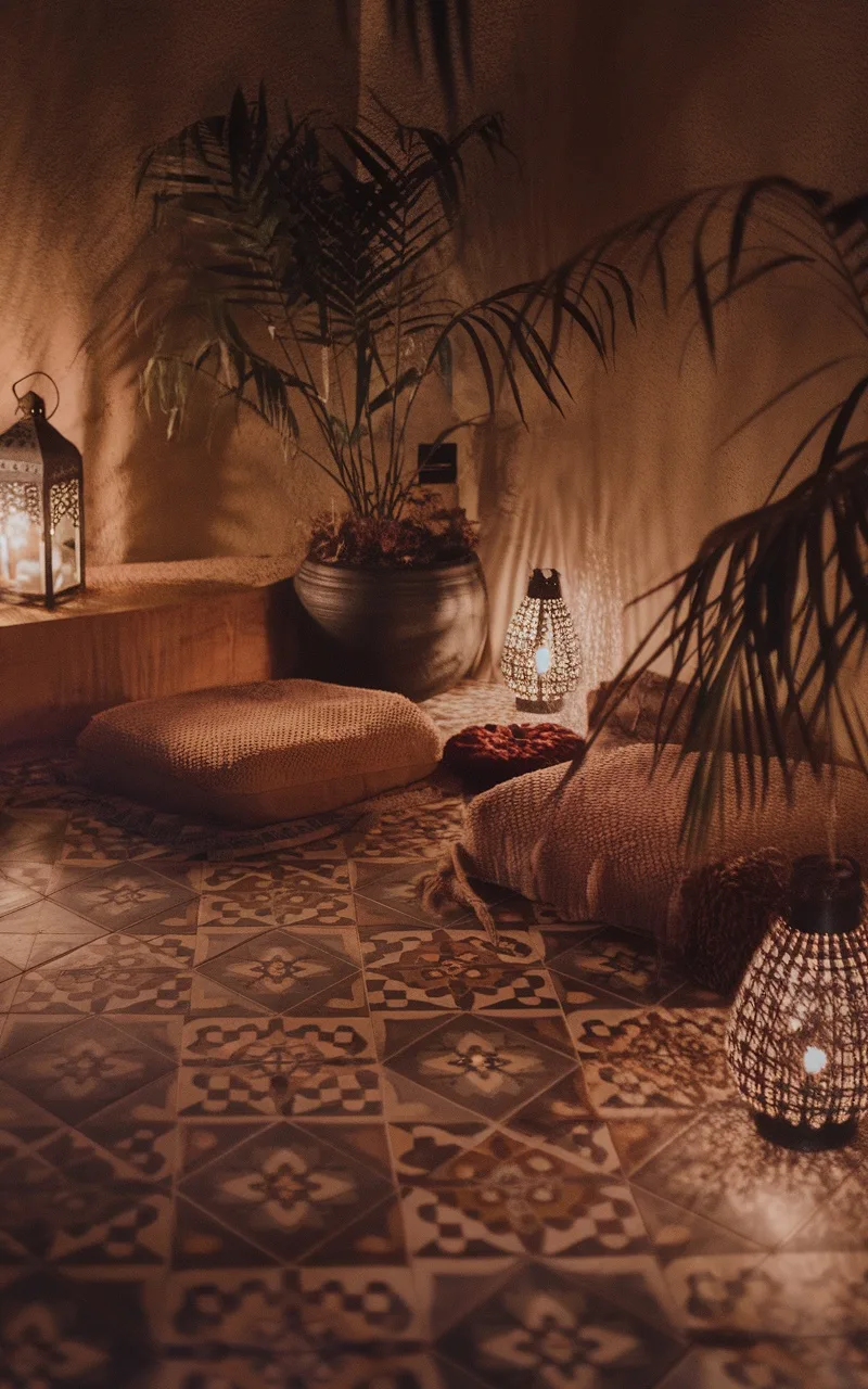 A cozy living room with Moroccan-inspired tiles, soft cushions, and lanterns creating a welcoming atmosphere.