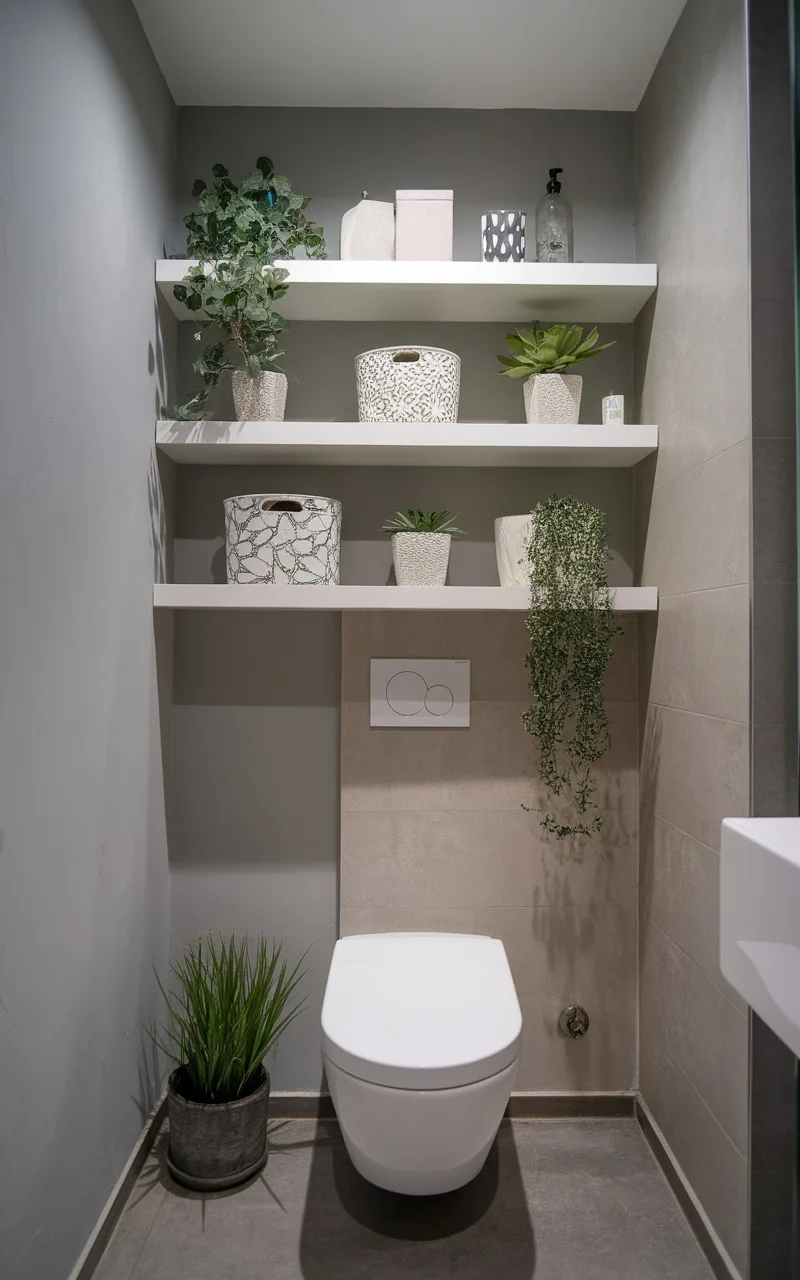 Floating white shelves above a toilet, decorated with plants and storage baskets