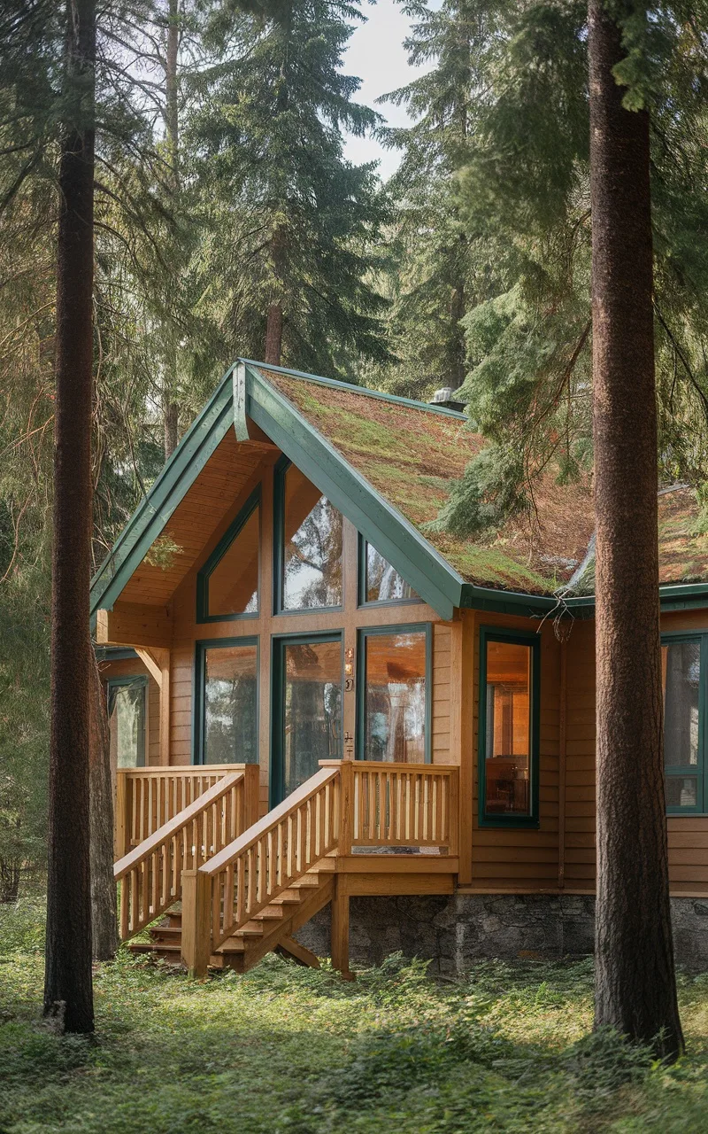 A home exterior painted in forest green with wooden accents, surrounded by tall trees