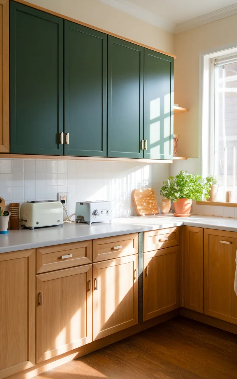 A kitchen featuring forest green upper cabinets and natural wood lower cabinets, with sunlight streaming in.