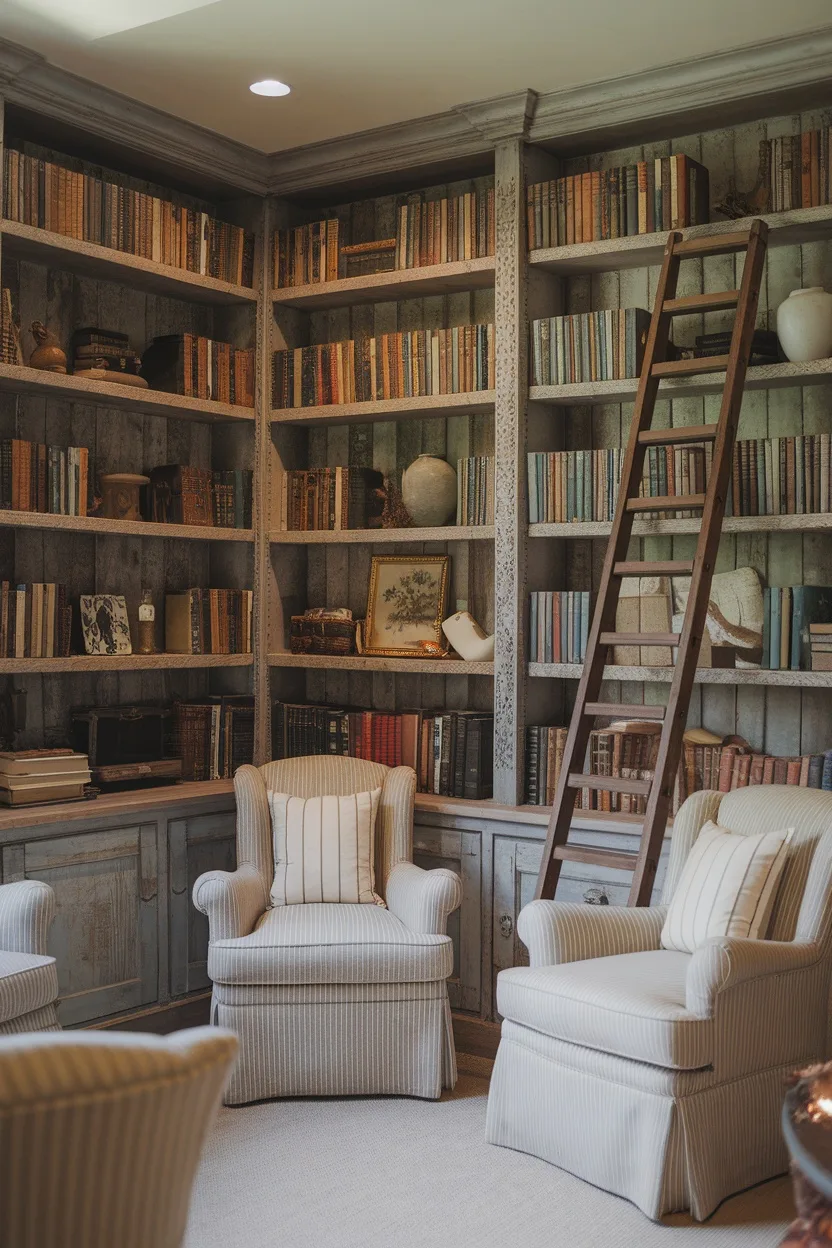Cozy French country style small library with bookshelves, chairs, and a wooden ladder