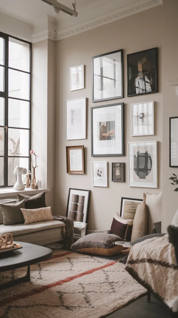 A minimalist living room featuring a gallery wall with framed artwork and photographs.
