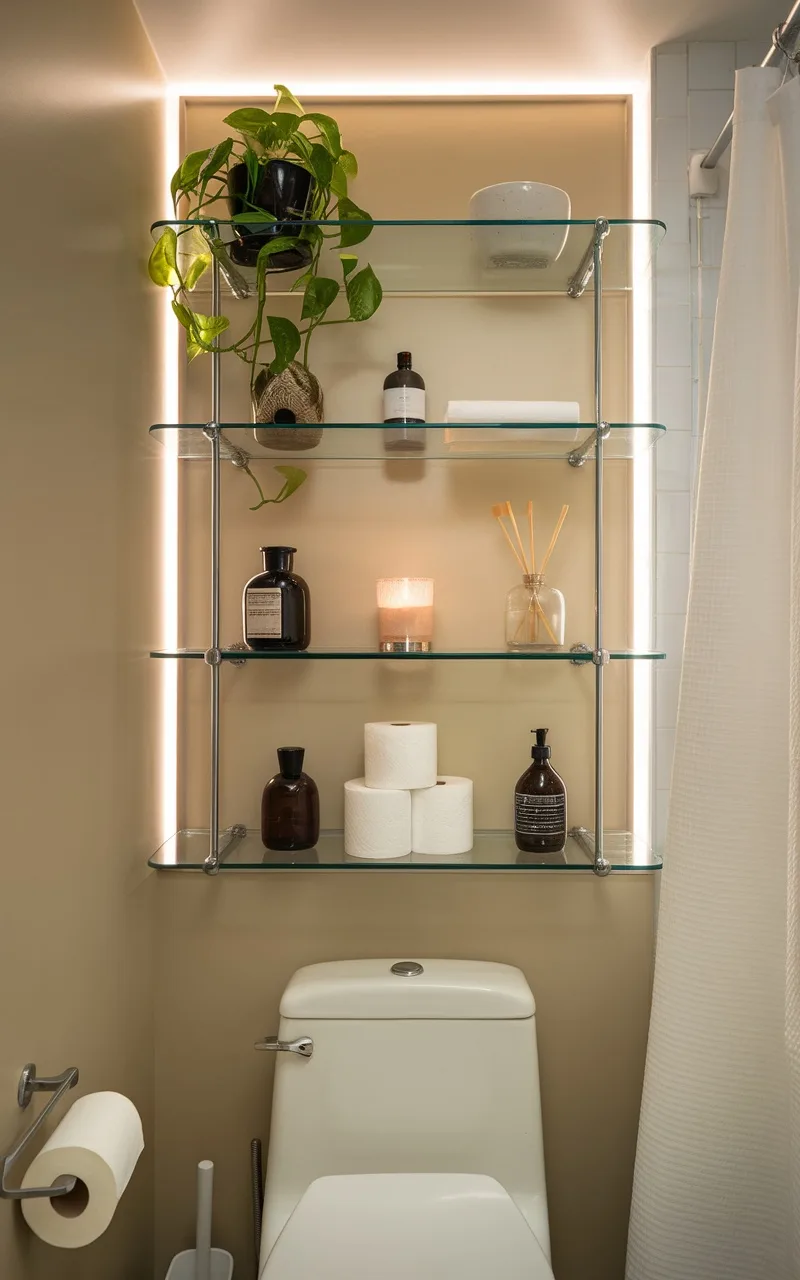 A bathroom with glass shelving over the toilet, featuring decorative items and plants.