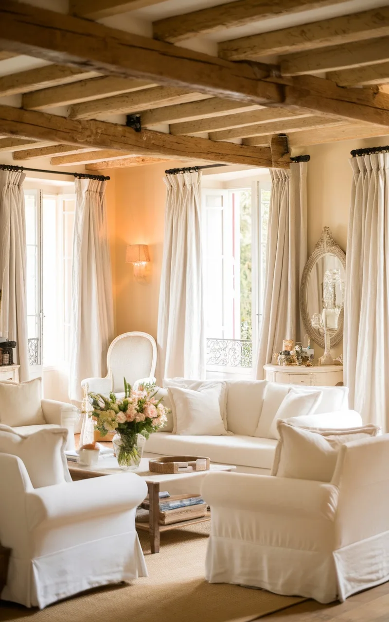 Bright and airy French country living room with white sofas, wooden beams, and large windows