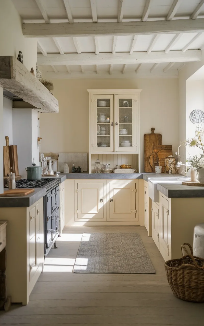 A beautifully designed French country kitchen featuring a monochrome color scheme with creamy cabinets and gray countertops.