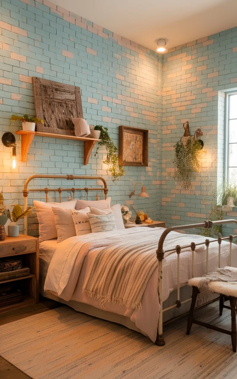 A rustic farmhouse bedroom featuring painted blue brick walls with pink accents, a metal bed frame, wooden furniture, and plants.
