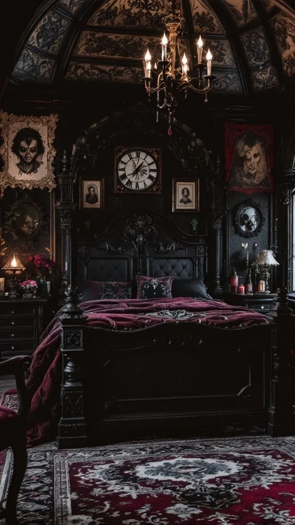 A gothic bedroom featuring a black ornate bed, deep red bedding, and dark wall art.